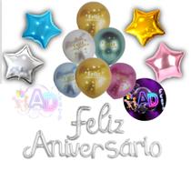 Kit Feliz Aniversário + 10 Balões 11 Peças Metalizadas , Festa , Aniversário, Decoração, Eventos festivo, Pega e monta Kit Feliz Aniversário + 10 Balões 11 Peças Metalizadas , Festa , Aniversário, Decoração, Eventos festivo, Pega e monta