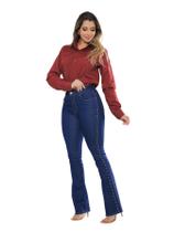 KIT Feminino 2 Peças - Calça Flare Jeans Escuro com Strass Lateral e Camisa Social Vinho KIT Feminino 2 Peças - Calça Flare Jeans Escuro com Strass Lateral e Camisa Social Vinho