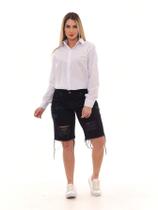 KIT Feminino 2 Peças - Camisa Social Branca e Bermuda Jeans Preto Desfiada