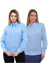 KIT Feminino 2 Peças - Camisa Social Premium Tipo Linho Azul Claro e Camisa Social Slim Azul Bebê KIT Feminino 2 Peças - Camisa Social Premium Tipo Linho Azul Claro e Camisa Social Slim Azul Bebê