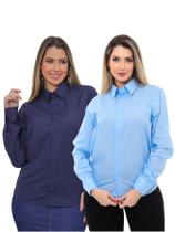KIT Feminino 2 Peças - Camisa Social Premium Tipo Linho Azul Claro e Camisa Social Slim Azul Marinho