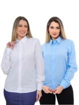 KIT Feminino 2 Peças - Camisa Social Premium Tipo Linho Azul Claro e Camisa Social Slim Branca