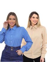 KIT Feminino 2 Peças - Camisa Social Premium Tipo Linho Bege e Camisa Social Slim Azul KIT Feminino 2 Peças - Camisa Social Premium Tipo Linho Bege e Camisa Social Slim Azul