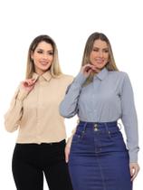 KIT Feminino 2 Peças - Camisa Social Premium Tipo Linho Bege e Camisa Social Slim Cinza