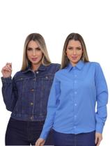 KIT Feminino 2 peças - Jaqueta Cropped Jeans Escura e Camisa Social Slim Azul Escuro