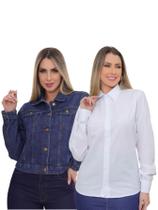 KIT Feminino 2 peças - Jaqueta Cropped Jeans Escura e Camisa Social Slim Branco