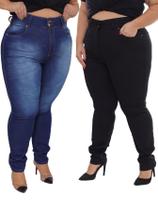 KIT Feminino 2 Peças Plus Size - Calça Skinny Jeans Preto e Calça Skinny Jeans Simples com Detalhe de Risco