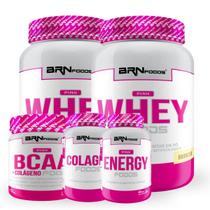 Kit Feminino: 2x Pink Whey 900g + Pink BCAA 250g + Pink Energy 60caps + Colagen 100caps - BRN Foods Kit Feminino: 2x Pink Whey 900g + Pink BCAA 250g + Pink Energy 60caps + Colagen 100caps - BRN Foods