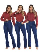 KIT Feminino 3 Peças - Calça Flare Jeans Escuro com pontos de Strass, com Strass ao Redor do Bolso e com Strass Lateral KIT Feminino 3 Peças - Calça Flare Jeans Escuro com pontos de Strass, com Strass ao Redor do Bolso e com Strass Lateral