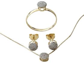 Kit Feminino Anel Brincos Cordão e Pingente, Em Ouro 18K Kit Feminino Anel Brincos Cordão e Pingente, Em Ouro 18K