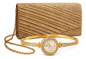 Kit Feminino Bolsa Luxuosa Festa + Relógio Dourado