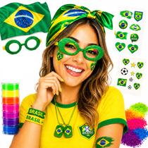Kit Feminino Brasil Copa Look Torcida Completo Lenço Cetim Maquiagem Neon Óculos Acessórios Festa Kit Feminino Brasil Copa Look Torcida Completo Lenço Cetim Maquiagem Neon Óculos Acessórios Festa