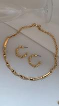 Kit feminino colar choker gargantilha e brinco trançado banhado a ouro semijoia