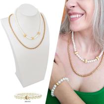 Kit Feminino Colar Corrente Semijoia Choker Pérolas+ Pulseira de Brinde Kit Feminino Colar Corrente Semijoia Choker Pérolas+ Pulseira de Brinde