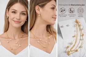 Kit Feminino Colar Pérola Longo Brinco Folheado Ouro