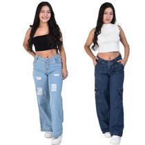 kit feminino Combo calça cargo bolsos laterais Pantalona jeans wide leg Menina blogueirinha Juvenil estilosa jeans premium do 10 ao 16