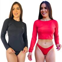 Kit Feminino Cropped Com Camisa Proteção Solar Manga Longa Logo Refletiva Estampada Calcinha Cintura Alta Asa Delta Conjunto