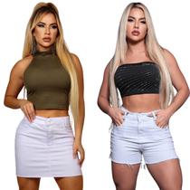 Kit Feminino de 2 Peças Brancas Lisa New Short e Saia De Barra Desfiada