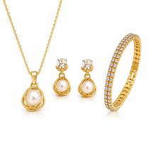 Kit Feminino Dourado 3 Peças: Colar, Brincos e Pulseira com Pérola