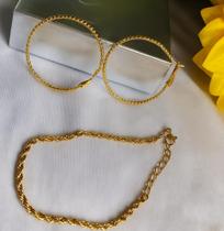 Kit Feminino Dourado Brincos de Argola + Pulseira Corrente Elegante e Moderno Kit Feminino Dourado Brincos de Argola + Pulseira Corrente Elegante e Moderno