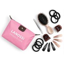 Kit Feminino Lanossi para Bolsa com Escova Mini + Prendedores + Elásticos + Pinça + Necessaire Rosa