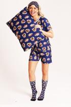 Kit Feminino Personalizado Pijama Curto + Fronha + Tapa Olho + Meia Azul Marinho