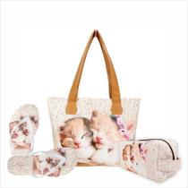 Kit Feminino Pet Gatinhos com Bolsa, Necessaire e Chinelo, Magicc