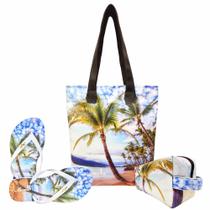 Kit Feminino Praia Beach Coqueiro com Bolsa, Necessaire e Chinelo, Magicc