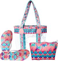 Kit Feminino Praia Transparente Coqueiros Chinelo Necessaire Magicc Bolsas