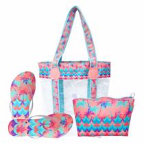 Kit Feminino Praia Transparente Coqueiros Chinelo Necessaire Magicc Bolsas