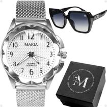 Kit Feminino Premium Relógio Analógico Aço Inoxidável Prata Óculos de Sol Feminino Preto Quadrado Caixa Presente