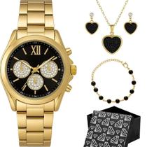 Kit Feminino Relógio Analógico Dourado Banhado Mostrador Preto Pulseira Pingentes Colar e Brincos Strass Preto Caixa Premium Kit Feminino Relógio Analógico Dourado Banhado Mostrador Preto Pulseira Pingentes Colar e Brincos Strass Preto Caixa Premium