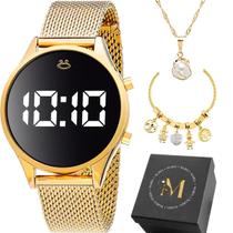 Kit Feminino Relógio Digital Dourado Mostrador Preto Colar 45cm Pingente Pérola Pulseira Estilo Pandora Caixa Kit Feminino Relógio Digital Dourado Mostrador Preto Colar 45cm Pingente Pérola Pulseira Estilo Pandora Caixa