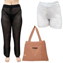 Kit Feminino Tricot Calça Saia Bolsa Croche Saida de Praia Moda Verão