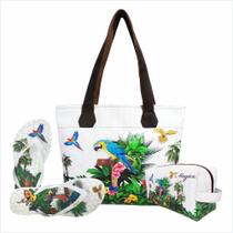 Kit Feminino Tropical Araras com Bolsa, Necessaire e Chinelo, Magicc Kit Feminino Tropical Araras com Bolsa, Necessaire e Chinelo, Magicc