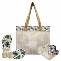 Kit Feminino Tropical Coqueiros Palha com Bolsa, Necessaire e Chinelo, Magicc