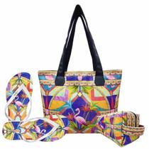 Kit Feminino Tropical Geométrica com Bolsa, Necessaire e Chinelo, Magicc Kit Feminino Tropical Geométrica com Bolsa, Necessaire e Chinelo, Magicc