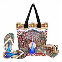 Kit Feminino Tropical Pavão Azul com Bolsa, Necessaire e Chinelo, Magicc