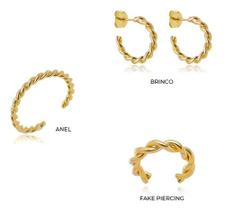 Kit Fernanda - Argola Torcida + Anel Regulável + Fake Piercing Ouro 18k Kit Fernanda - Argola Torcida + Anel Regulável + Fake Piercing Ouro 18k