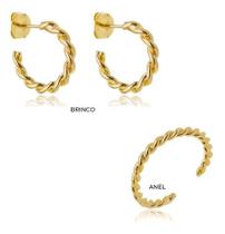 Kit Fernanda - Brinco Argola Torcida + Anel Regulável Banhado em Ouro 18k