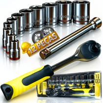 Kit Ferramentas 12 peças Completo 10 Soquetes Catraca Sextavada Extensor Ergonômico Profissional Antiderrapante Carro Moto Caminhão Kit Ferramentas 12 peças Completo 10 Soquetes Catraca Sextavada Extensor Ergonômico Profissional Antiderrapante Carro Moto Caminhão
