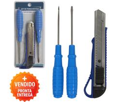 Kit Ferramentas 3 Peças Básico Estilete Retrátil e Chaves de Fenda Multiuso Doméstico