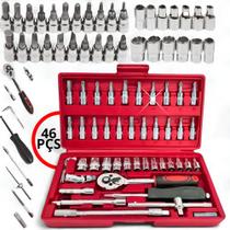 Kit Ferramentas 46 Peças Chave Catraca Soquetes Bits Aço Cromo Vanádio Extensor Adaptador Maleta Portátil Automotiva
