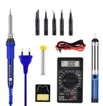 Kit Ferramentas Eletrônica Ferro De Solda Multímetro Sugador 220v 110V Azul