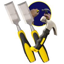 Kit Ferramentas Marcenaria Mini Martelo Unha Ergonômico + Jogo 2 Formões Profissionais Aço Carbono 32mm e 38mm Afiados