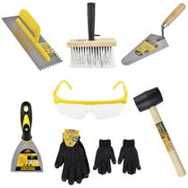 Kit Ferramentas Para Obra Pedreiro Reforma 7 Peças Profissional Desempenadeira Colher Espátula Broxa Martelo Oculos Luva Kit Ferramentas Para Obra Pedreiro Reforma 7 Peças Profissional Desempenadeira Colher Espátula Broxa Martelo Oculos Luva