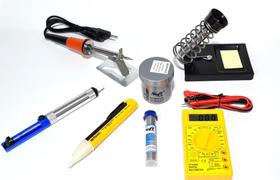 kit ferro de solda 40w 110v + caneta + multimetro + pasta + sugador + estanho + suporte para ferro