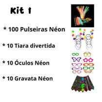 Kit Festa 130 unid. Pulseiras Néon, Tiara, Óculos, Gravata, Colar Havaiano, Máscara Néon, Plaquinhas frases, Chapéu coqu