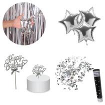 Kit Festa Aniversário Decoração hora do bolo balão, topo de bolo, lança confete e 2 un cortina metalizada