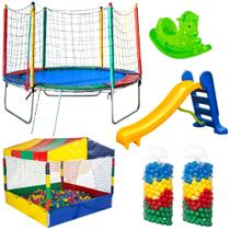 Kit Festa Aniversário Pula Pula 2,30m Casinha de Bolinhas 1,50m com 1000 Bolinhas Escorregador Médio e 1 Gangorra